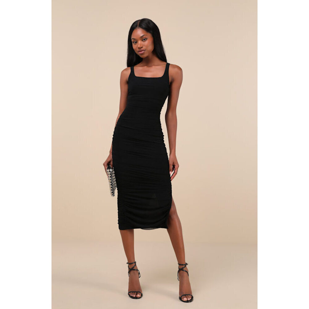 NWT Lulus VIP Treatment Black Mesh Ruched Bodycon Midi Dress - Size M